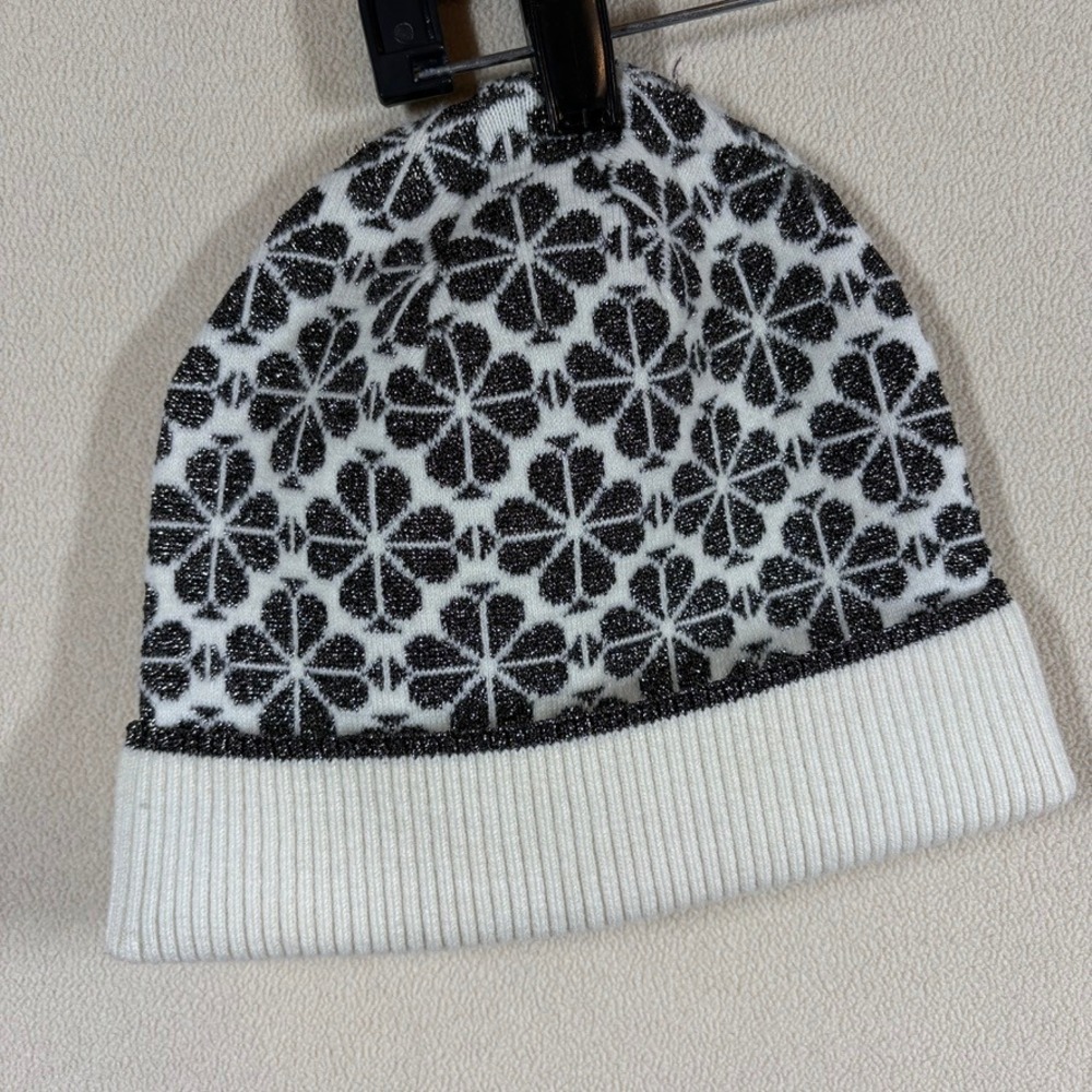 Kate Spade Flower Metallic Beanie Hat Cream Black One Size Knit Winter Warm